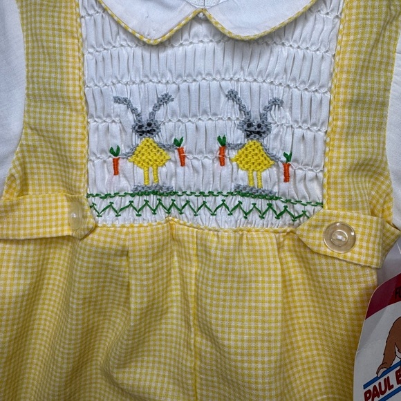 Paul E. Flinders Yellow Gingham Smocked Shortall Embroidered Bunnies 9M - Picture 2 of 5